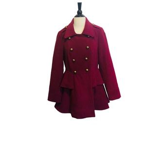 VENUS DEEP RED/burgundy DOUBLE BREASTED PEPLUM RUFFLE MILITARY COAT